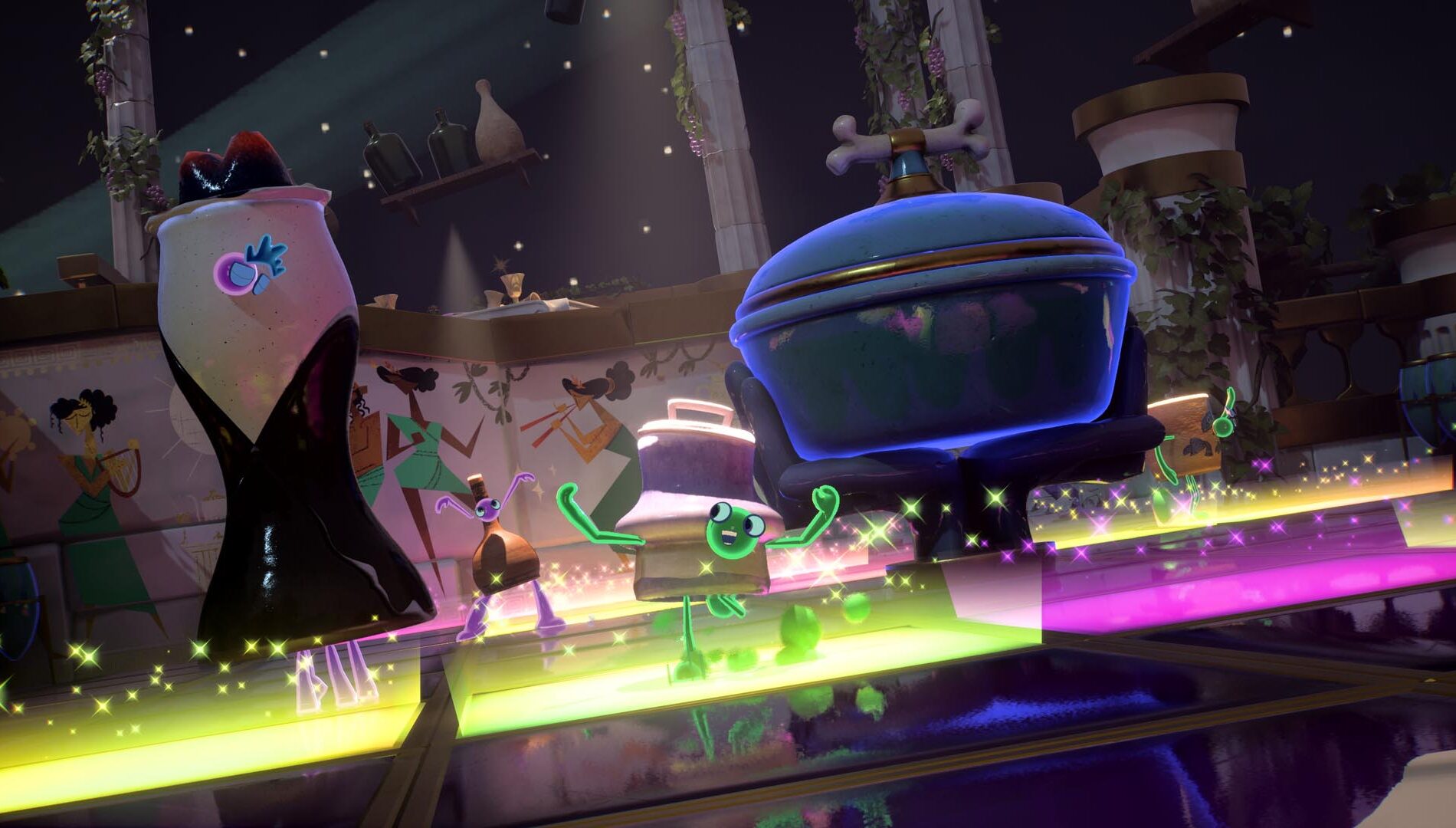 Arena de batalha de Kiln, com potes coloridos e elementos de cenário.