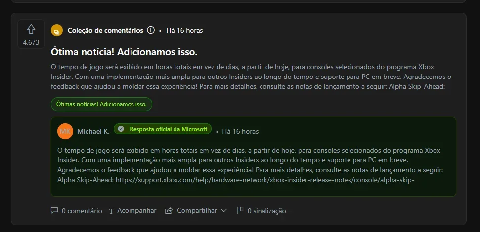 No Player Voice, o comentário recebeu "Ótima notícia! Implementamos isso".