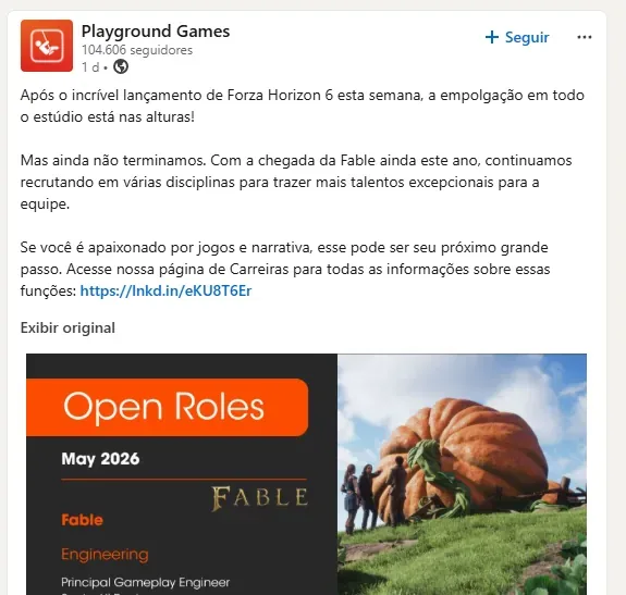 Postagem da Playground Games no LinkedIn.