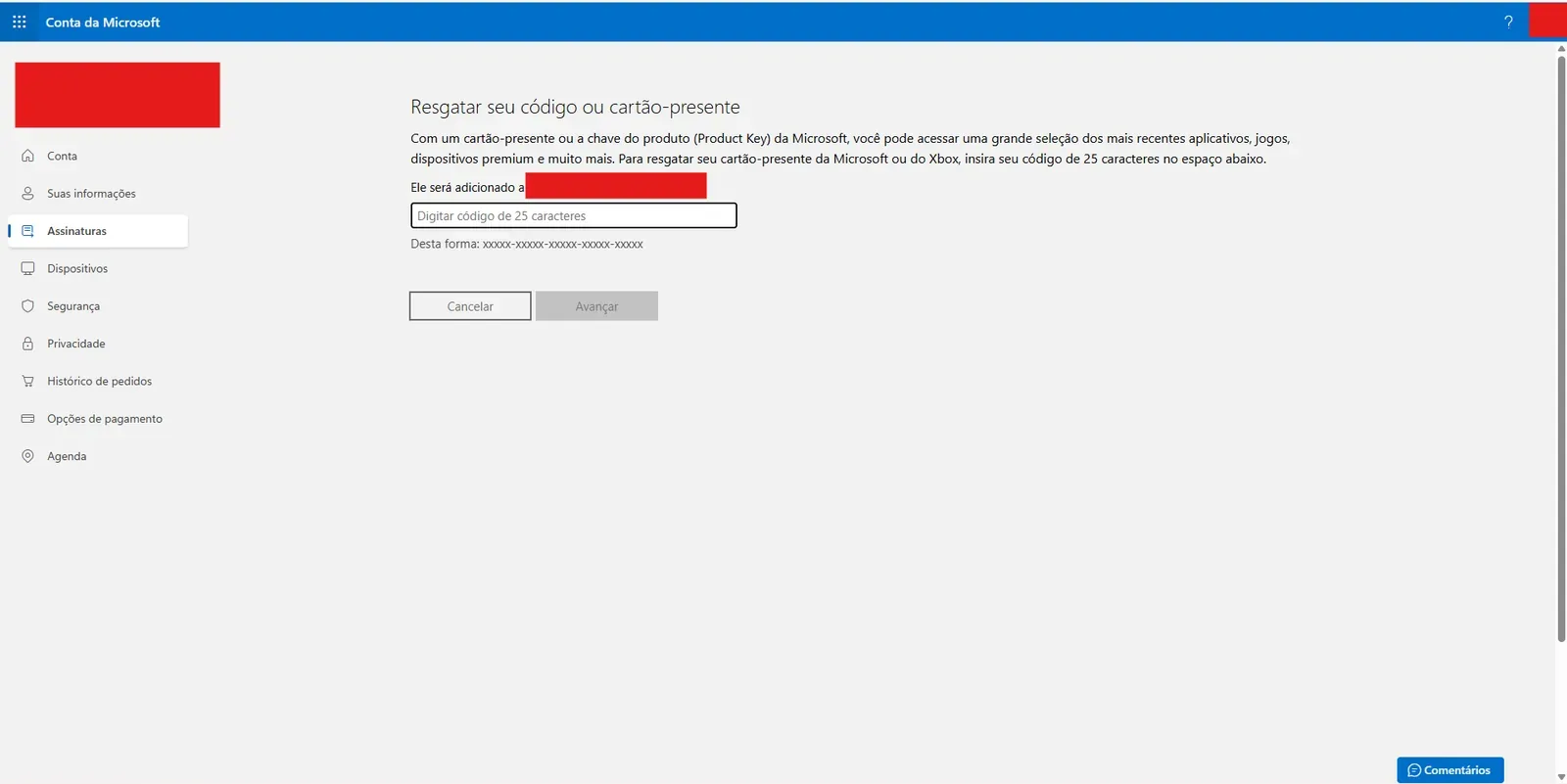 Área de resgate na Microsoft Redeem.