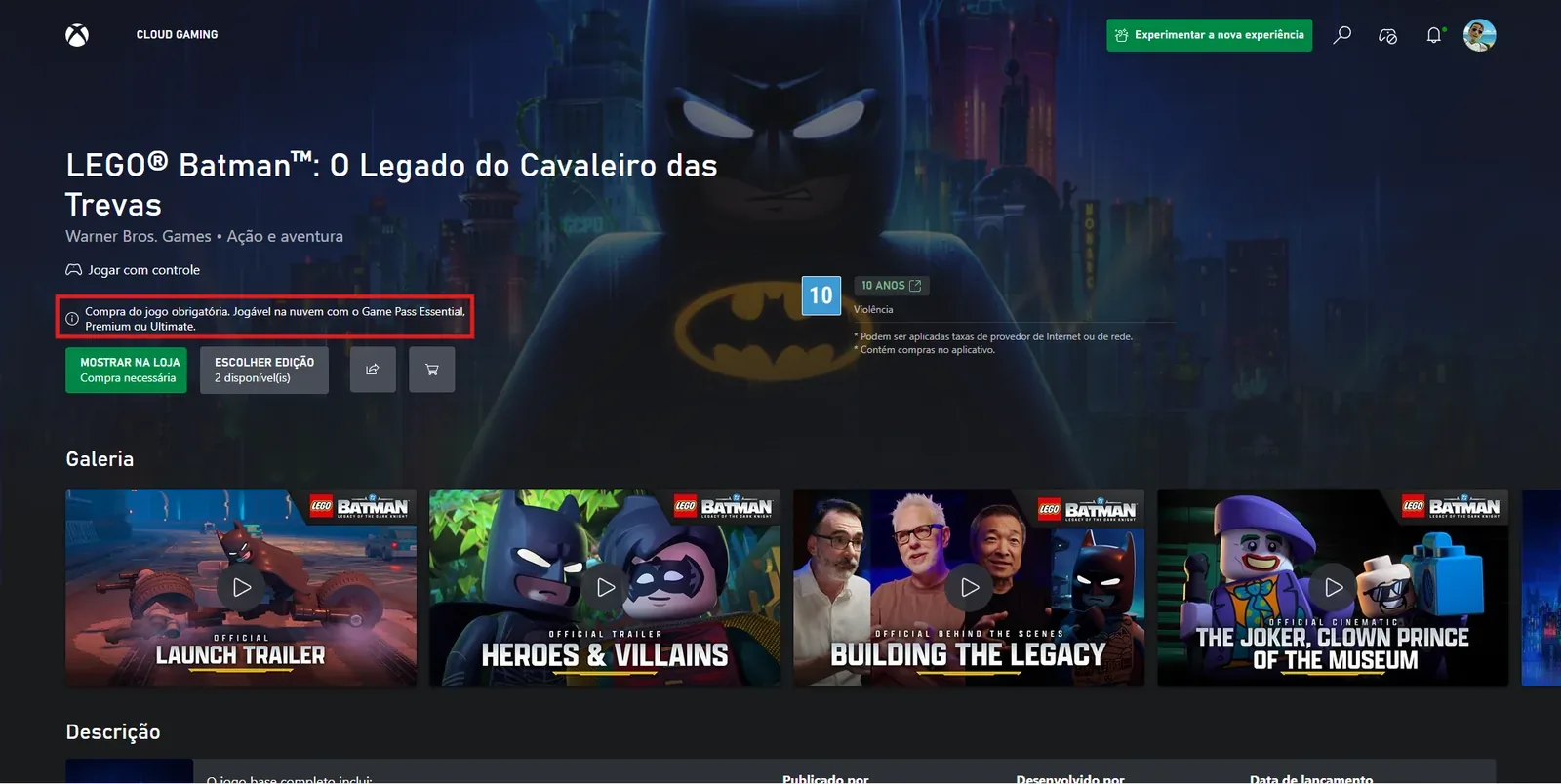 Lego Batman disponível no 'Transmita Seu Próprio Jogo'.