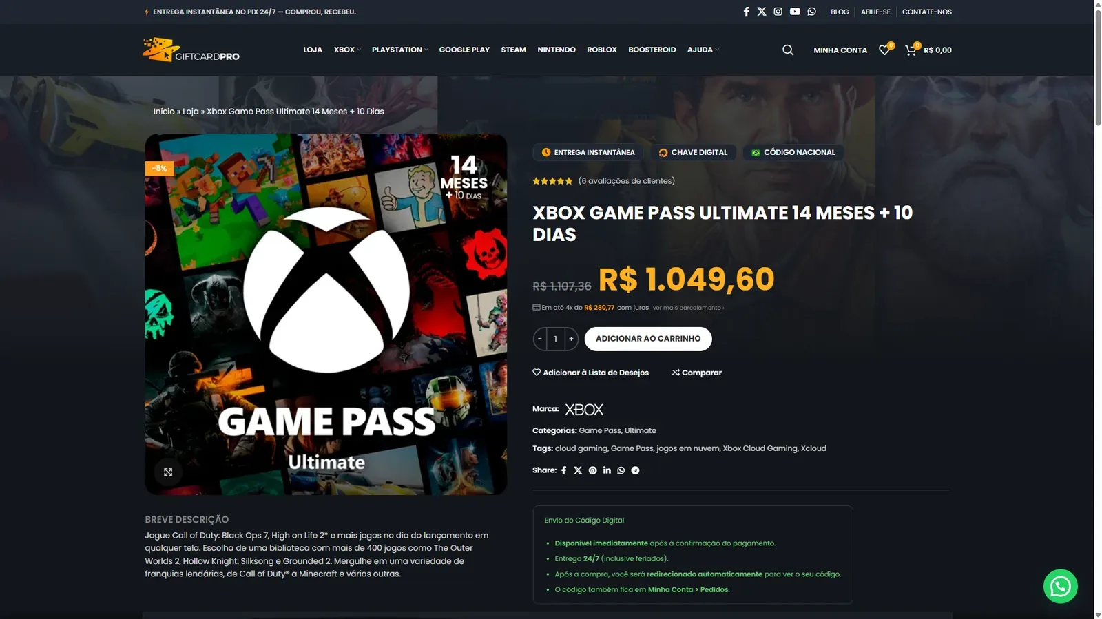 Game Pass Ultimate de 14 meses + 10 dias na Gift Card Pro.