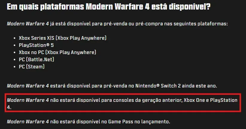 COD MW4 não estará disponível go Game Pass no lançamento.