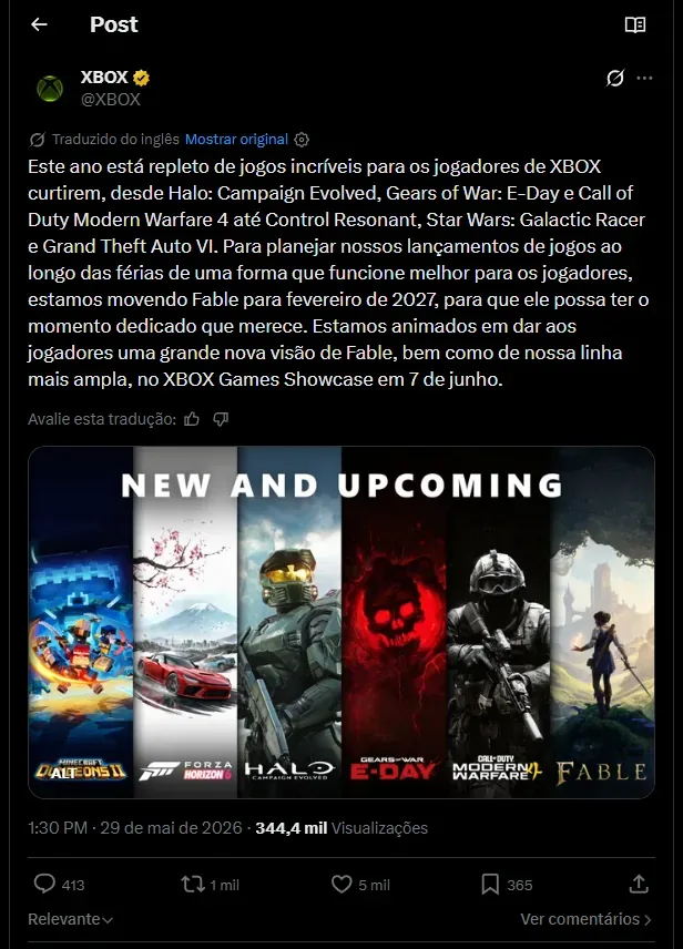 Anuncio do adiamento de Fable no X do XBOX!