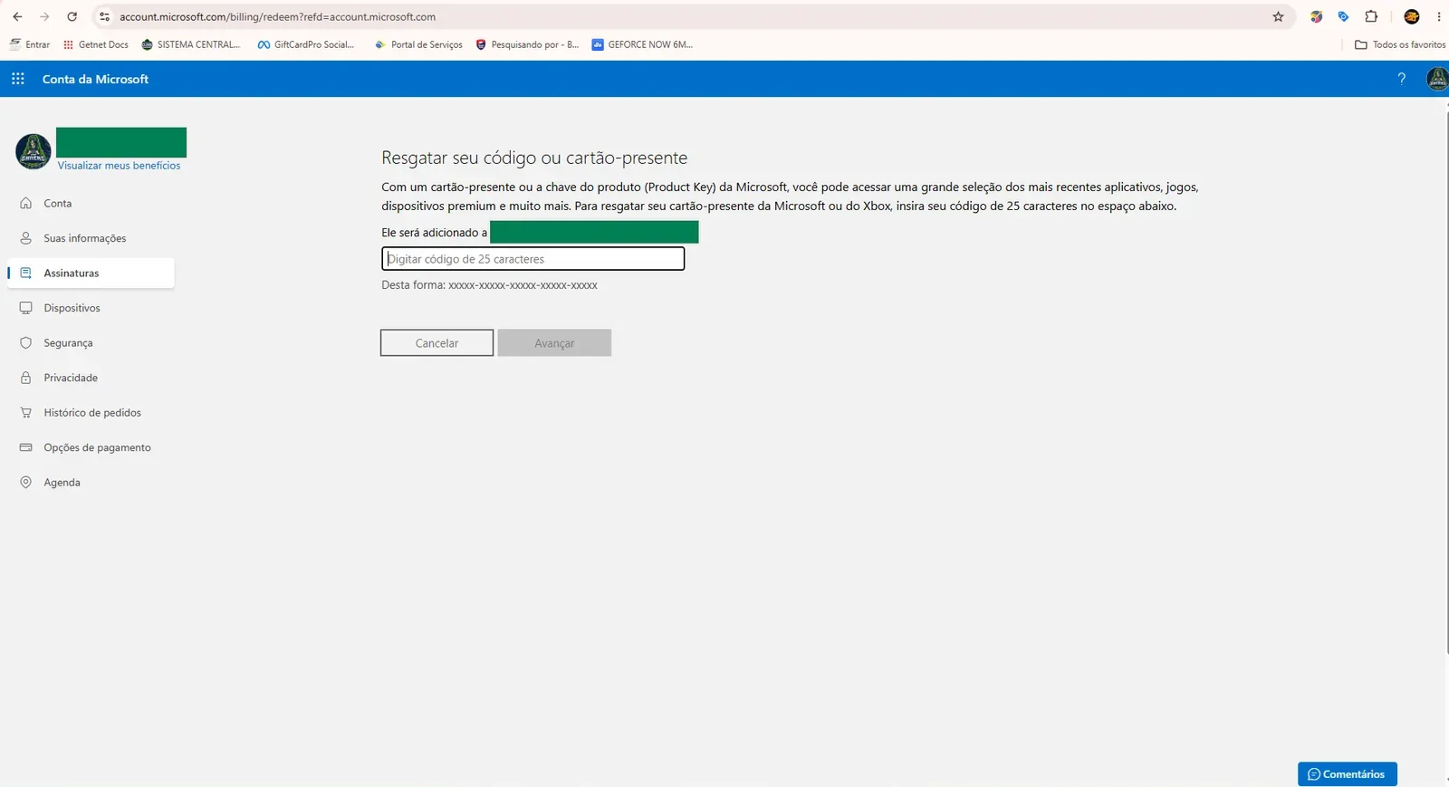 Local de resgate na sua conta Microsoft!