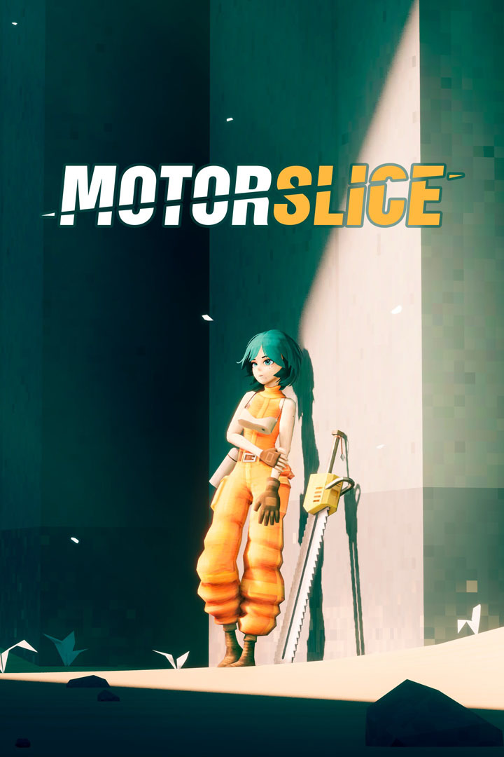Personagem de Motorslice em ação com uma motosserra