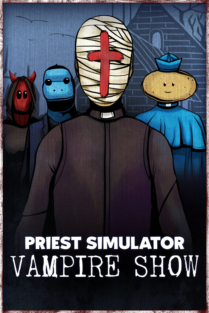 Personagem padre vampiro de Priest Simulator em ambiente de cidade