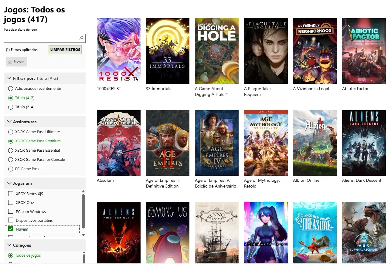 Xcloud com Game Pass Premium com 417 Jogos.