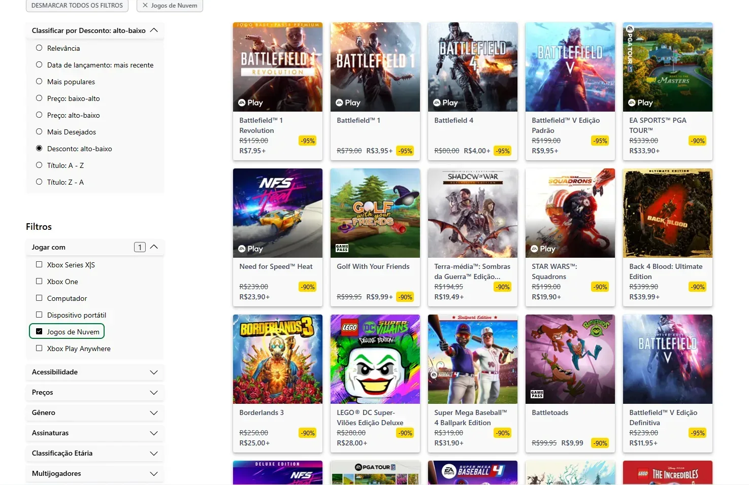 Maiores descontos em jogos jogáveis na nuvem.
