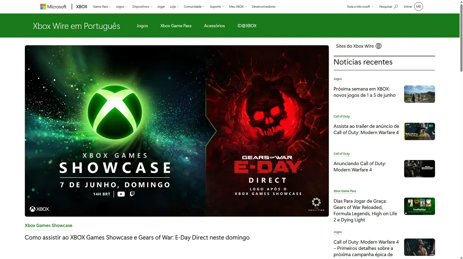 Home do Xbox Wire português sem a lista de jogos!