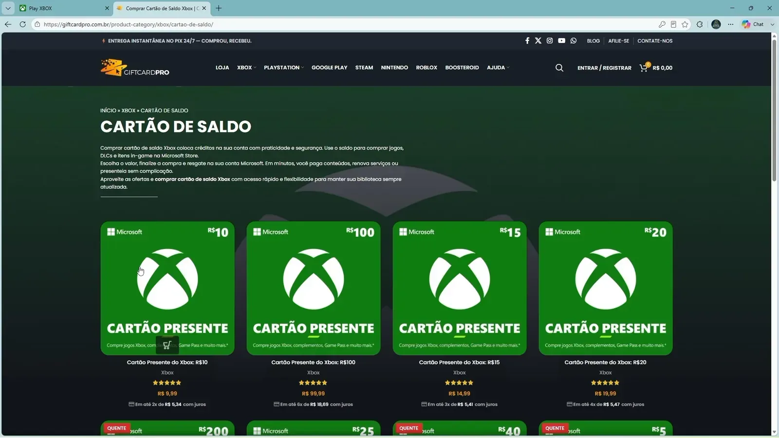 Cartão de saldo na Gift Card Pro.