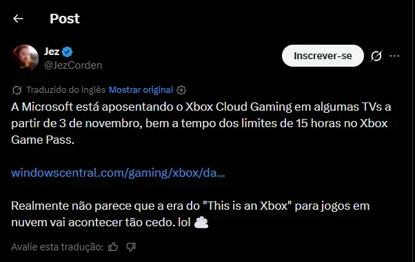 Postagem do Jez no X sobre a matéria.