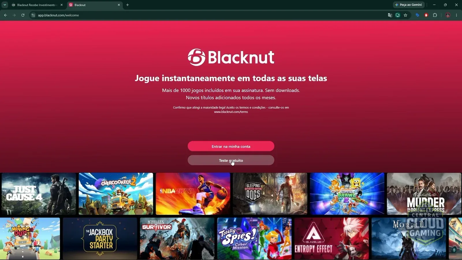 Página aberta com a opção 'Teste Gratuito'.
