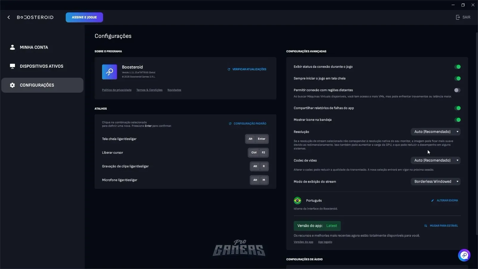 Configurações no APP do Boosteroid.
