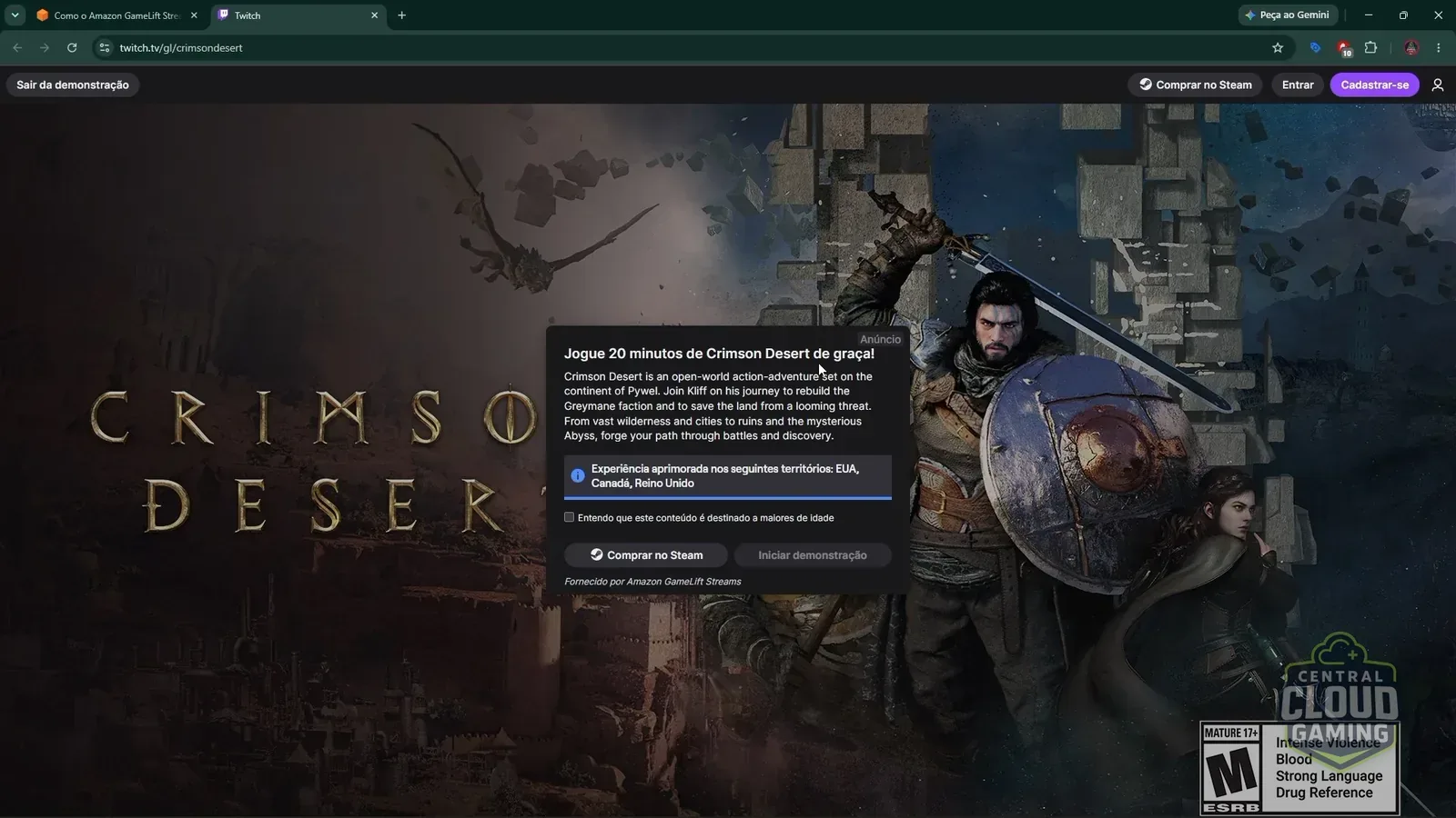 Acessando Crimson Desert no Cloud da Twitch.